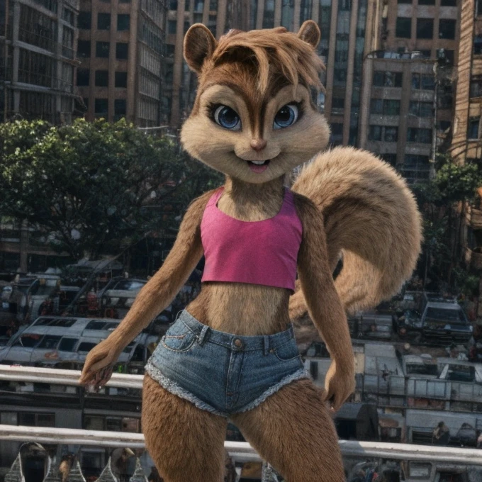 score_9, score_8_up, score_7, score_6, New York City, brittany miller, chipmunk, furry, short ears, pink tank top, jean jacket, jean shorts, looking at viewer , 6 inches tall,