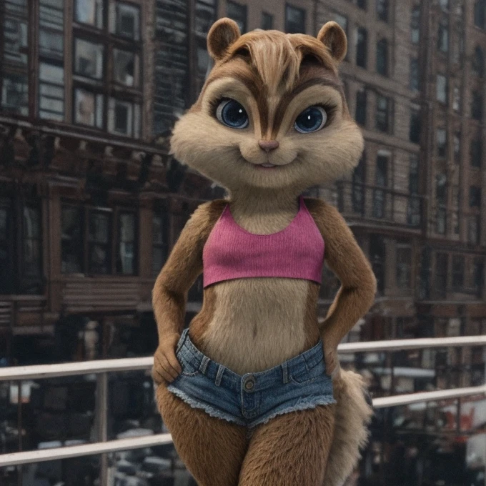 score_9, score_8_up, score_7, score_6, New York City, brittany miller, chipmunk, furry, short ears, pink tank top, jean jacket, jean shorts, looking at viewer , 6 inches tall,