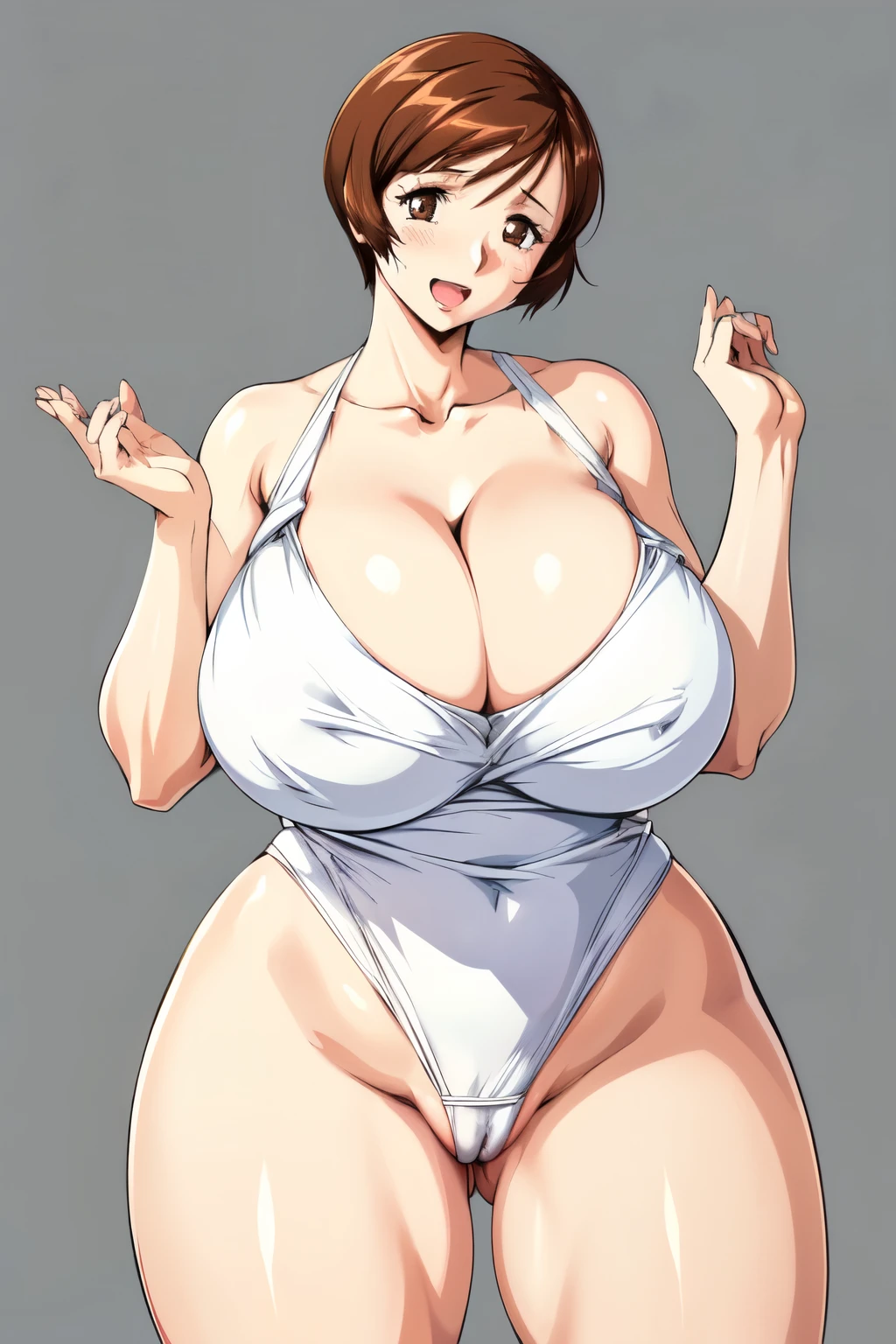 masterpiece, highest quality, High resolution, 1girl, solo, sexual intercourse, Pornographic images, short hair, etsukoto, brown Eyes, fine grain, fine grain, (((Thick thighs, Plump thighs, Voluptuous thighs, Thighs alone are enough))), ((Huge and ample breasts, Cleavage, big long breasts)), Naughty big,((big breasts are important))、((Naughty thighs)), L Cup, (thin:1.4),(Tight waist:1.4), (white swimsuit:1.4), (((Simple Background))), smile, open mouth, ((Wide Hips)), Shiny, Oily skin, Mature mother, Calf, Seductive mature woman, milf, Perfect body, Plus Size Model, curvy, ample, etsukoto, blush, clavicle, retro artstyle, 1990s (style), (thick thighs:1.4), ((bursting breasts, spilling out, huge cleavage, ultra-gigantic breasts)), (((((half bare pussy))))),