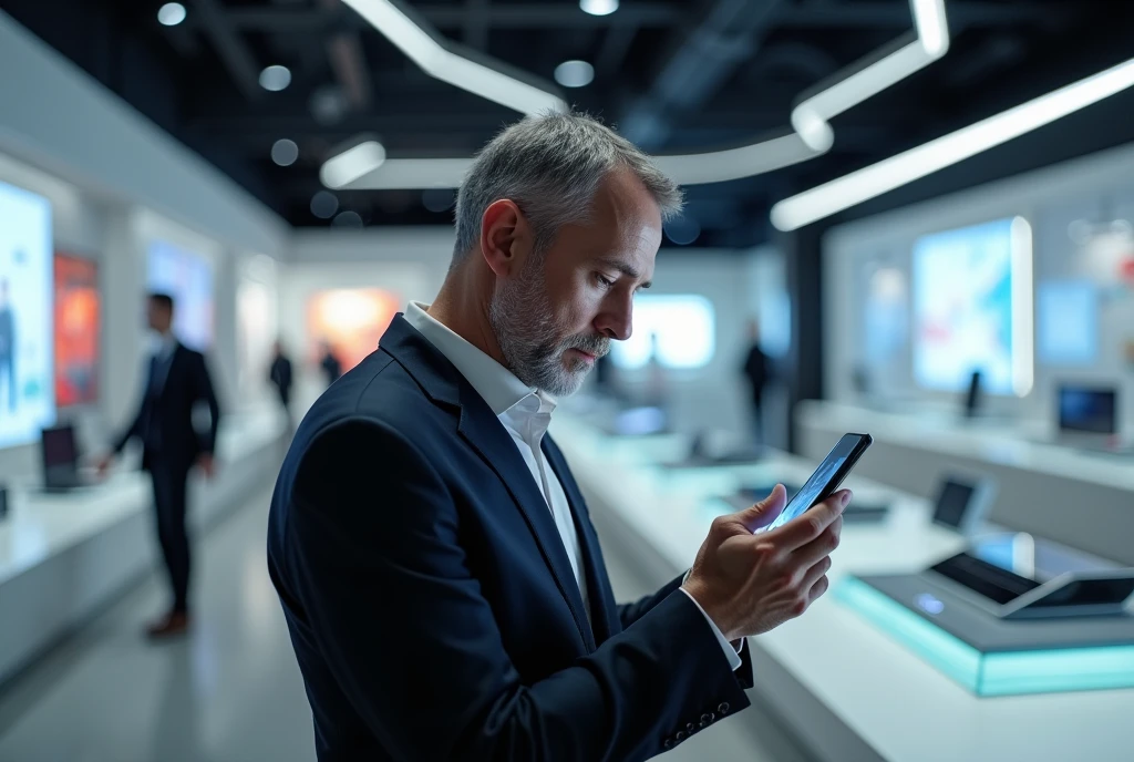 Man looking at a cell phone in a futuristic store in the year 2100