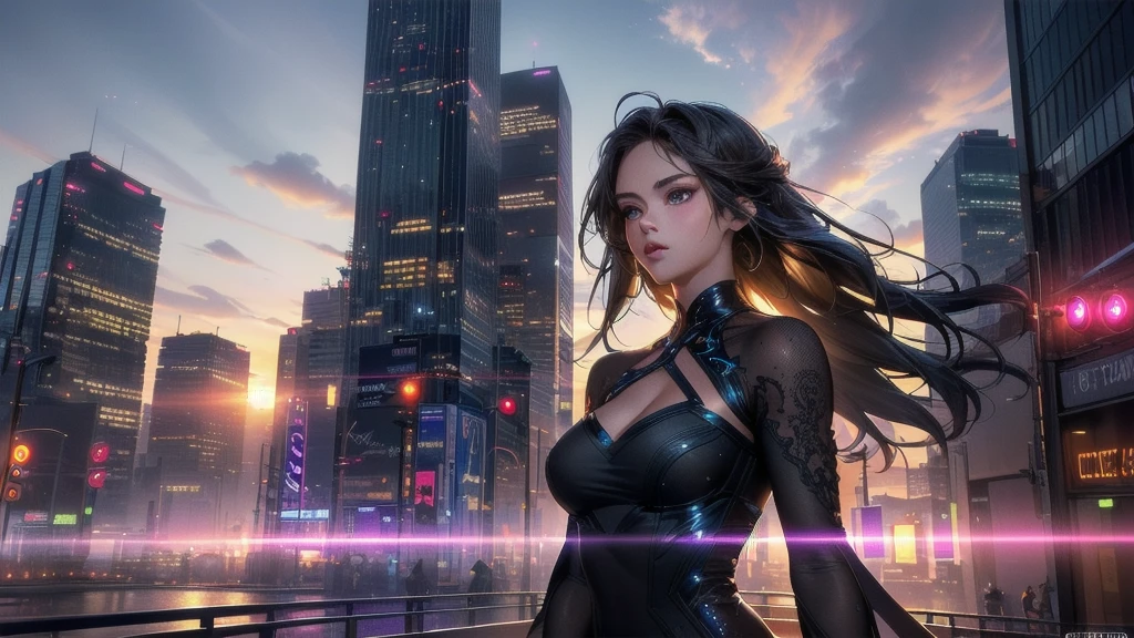 (1girl, upper body, beautiful dress, no cars), (best quality, masterpiece, high quality, 1girl, solo, (upper body, beautiful dress), illustration, beautiful detailed girl, beautiful detailed glow, beautiful detailed eyes, highres, detailed, high resolution illustraion, ultra-detailed, detailed background, beautiful detailed face), ((background: Generate a 3D banner image showcasing a futuristic cityscape at sunset. Incorporate realistic textures and lighting effects to emphasize the depth and realism of the scene. Highlight tall skyscrapers, neon lights, and flying vehicles, creating a sense of awe and wonder.))