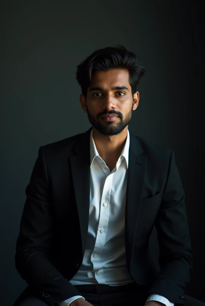 In a dark room, a young man sits confidently wearing a black blazer and white shirt. styled like a hero. The lighting is cinematic, casting a soft shadow on his face, creating a professional LinkedIn business profile look. Solid dark grey background, urban look. Age: 26, Bangladeshi