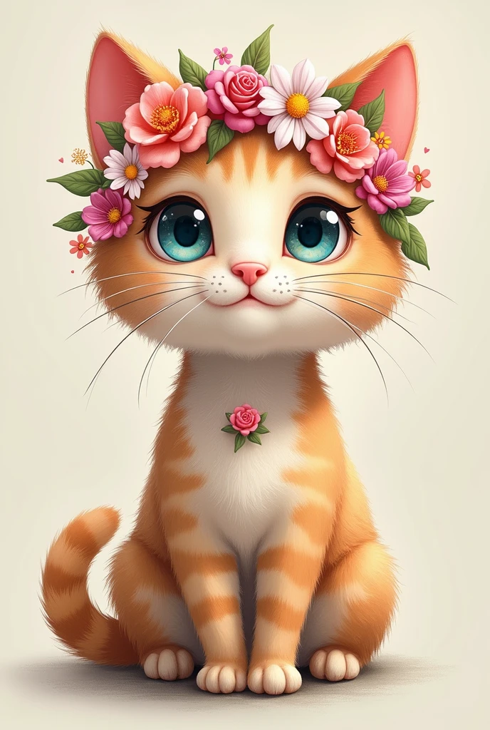 realistic cat, with flowers on top and back of the head and on the lower part of the body