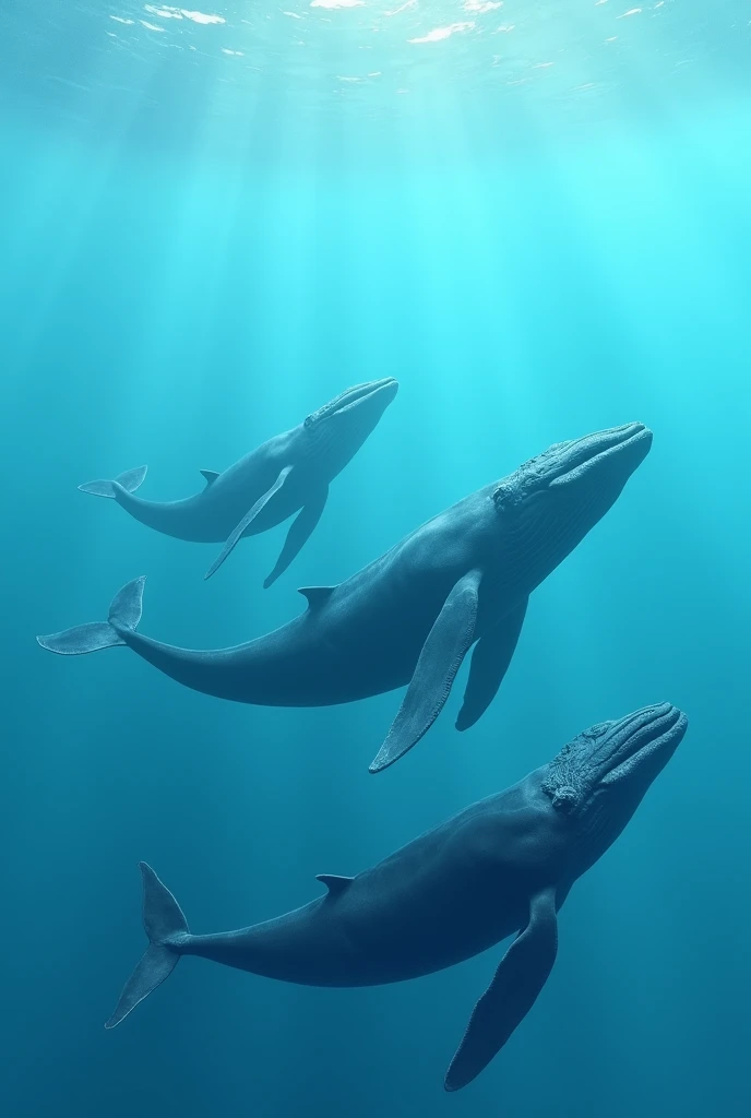 Light blue seabed, 3 humpback whales swimming with large size, name Luiza at the top in Full HD