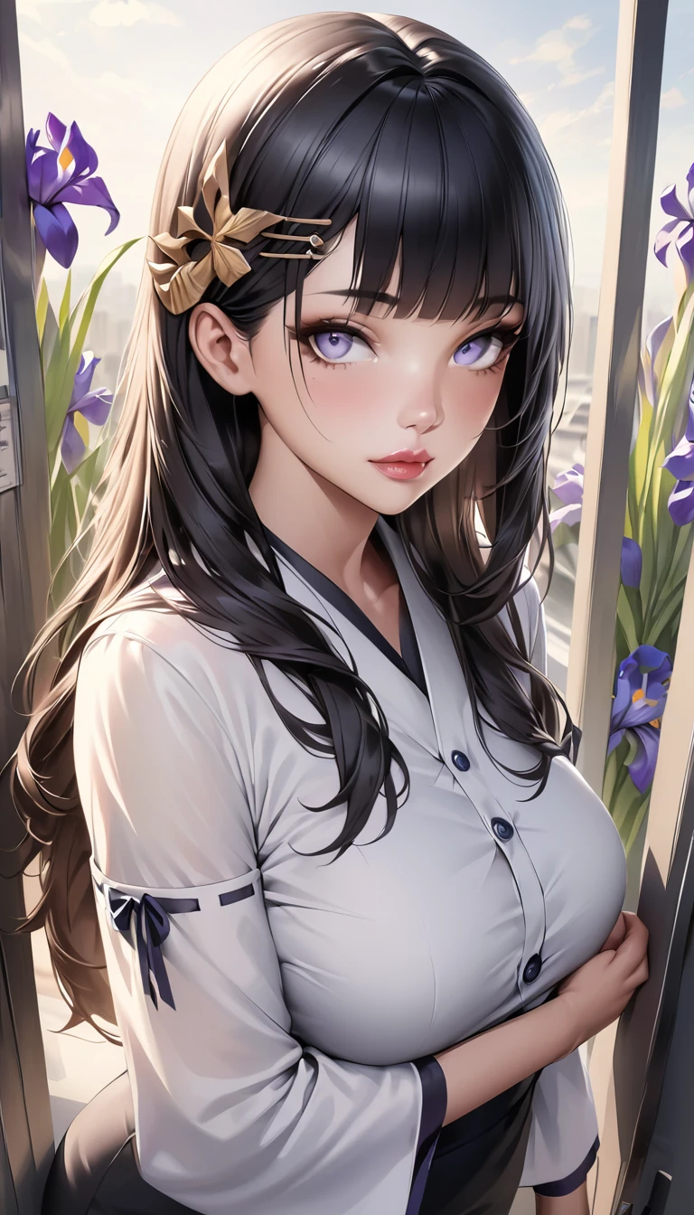 Highest quality, (Realistic:1.2), One girl, alone, Detailed face, Face Focus, Are standing, Black Hair,(hair ornaments:1.35),office lady, Sleeves edged with ribbon, Removable sleeves, Ribbon trim, Wide sleeves, (View your viewers:1.5) Long Hair, Iris, bangs, lips,