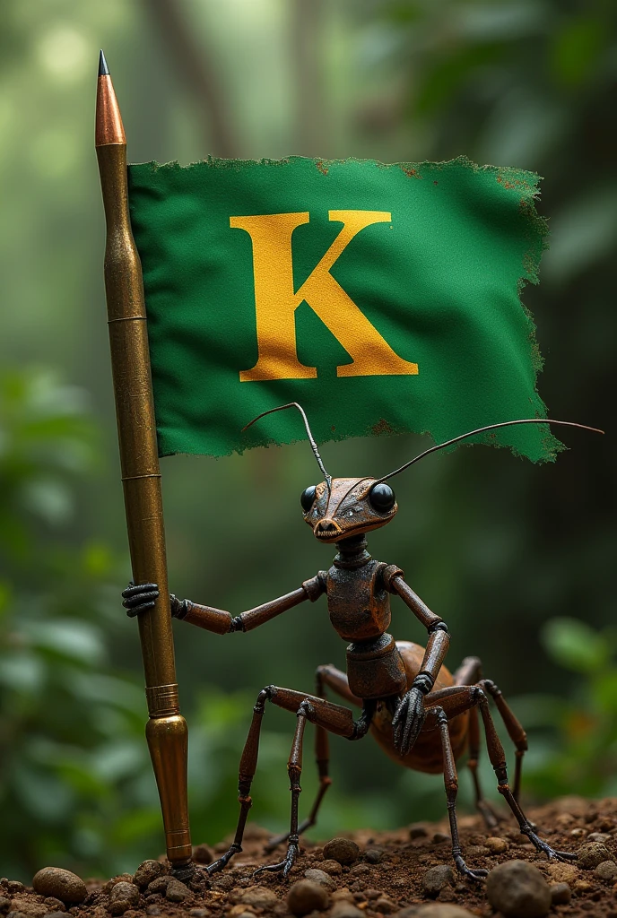 bullet ant holding a green flag with the letters b, the capital K in the center with the color gold, the background of the image is a jungle