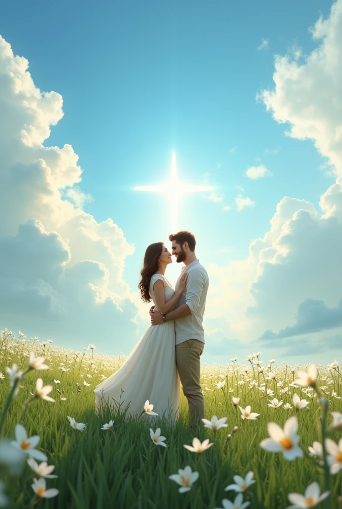 I want an image of a loving couple who know their identity in Christ (as it says in the bible )I want a beautiful image that represents this. ,depict them in a beautiful field full of lilies with the beautiful sky and Christ in the background