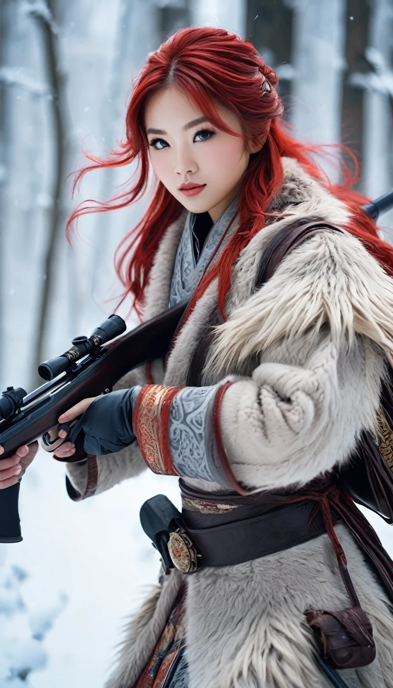 Huntress girl holding a rifle in snow battle pose,oriental,Blade and Soul,ink style,long red hair,leather and fur coat,Cold,Artwork,3D,4K,Detailed,Realistic