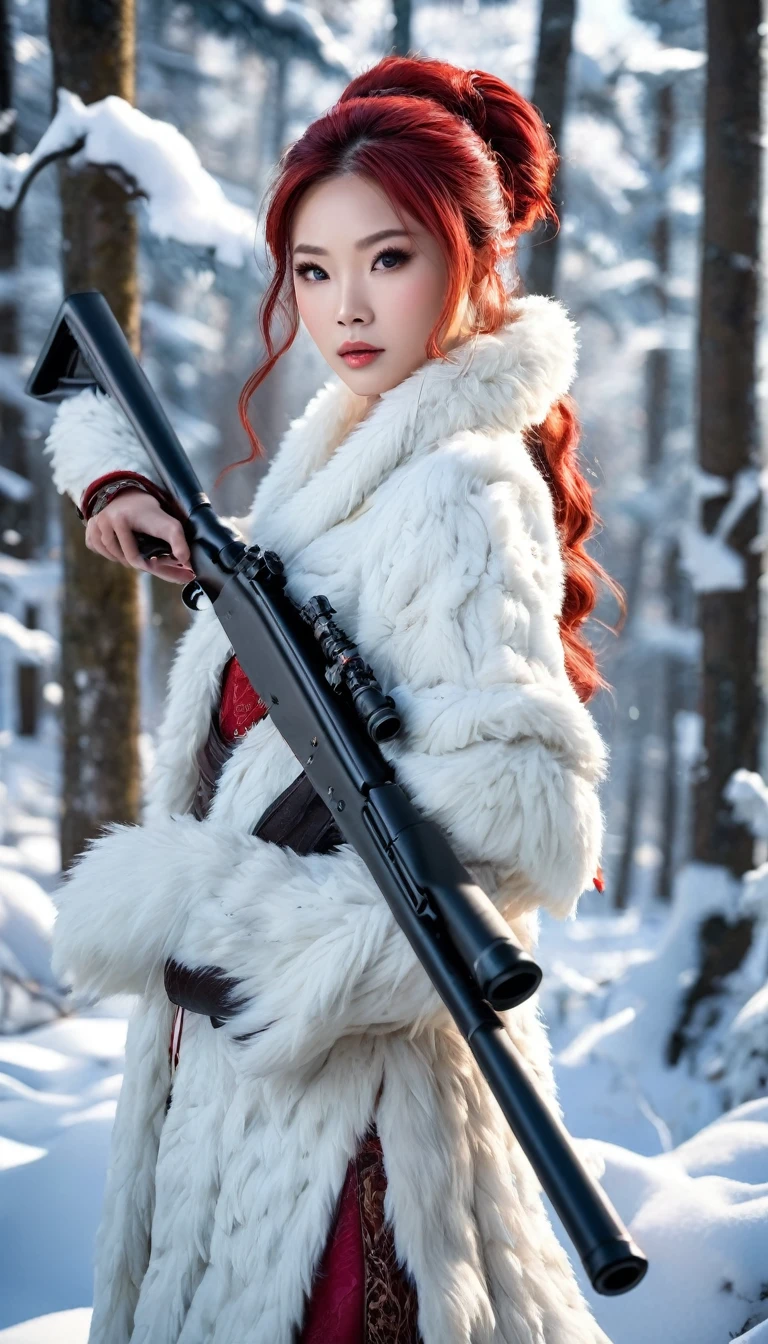 Huntress girl holding a rifle in snow battle pose,oriental,Blade and Soul,ink style,long red hair,leather and fur coat,Cold,Artwork,3D,4K,Detailed,Realistic