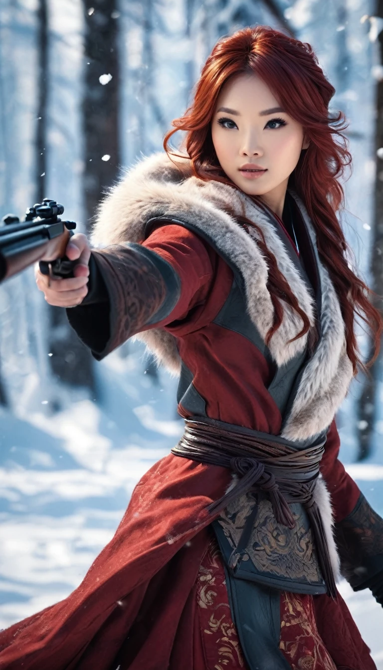 Huntress girl holding a rifle in snow battle pose,oriental,Blade and Soul,ink style,long red hair,leather and fur coat,Cold,Artwork,3D,4K,Detailed,Realistic