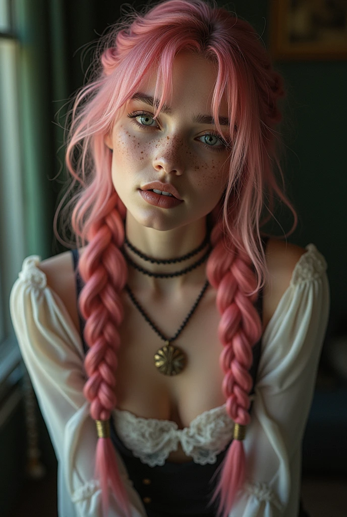 (Realisttic:1.2), analog photo style, Beautiful young woman, posing, with freckles and long pink hair braided, (steampunk dark fantasy atmosphere), soft natural light, cute and sexy, great quality, Masterpiece, detailed strange background, better performance, 16k quality, RAW photo
