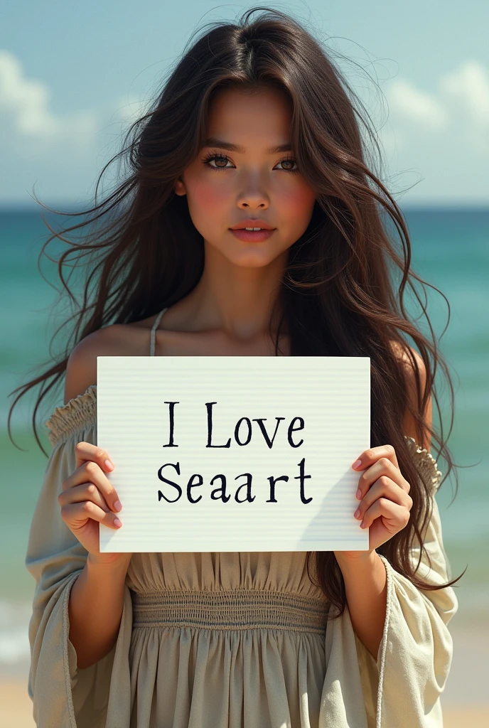 Beautiful girl with wavy long hair, bohemian dress, holding a white board with text "I Love Seaart Infinity" and showing it to the viewer