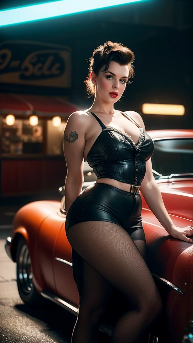 a hyper-realistic photograph of a beautiful rockabilly pin-up model leaning against a hot rod car in the parking lot of a 1950s-style diner, with an interesting camera angle and perspective, volumetric lighting, Depth of field, professional photo session, cinematic lighting. details Intricate, lifelike textures, dynamic pose