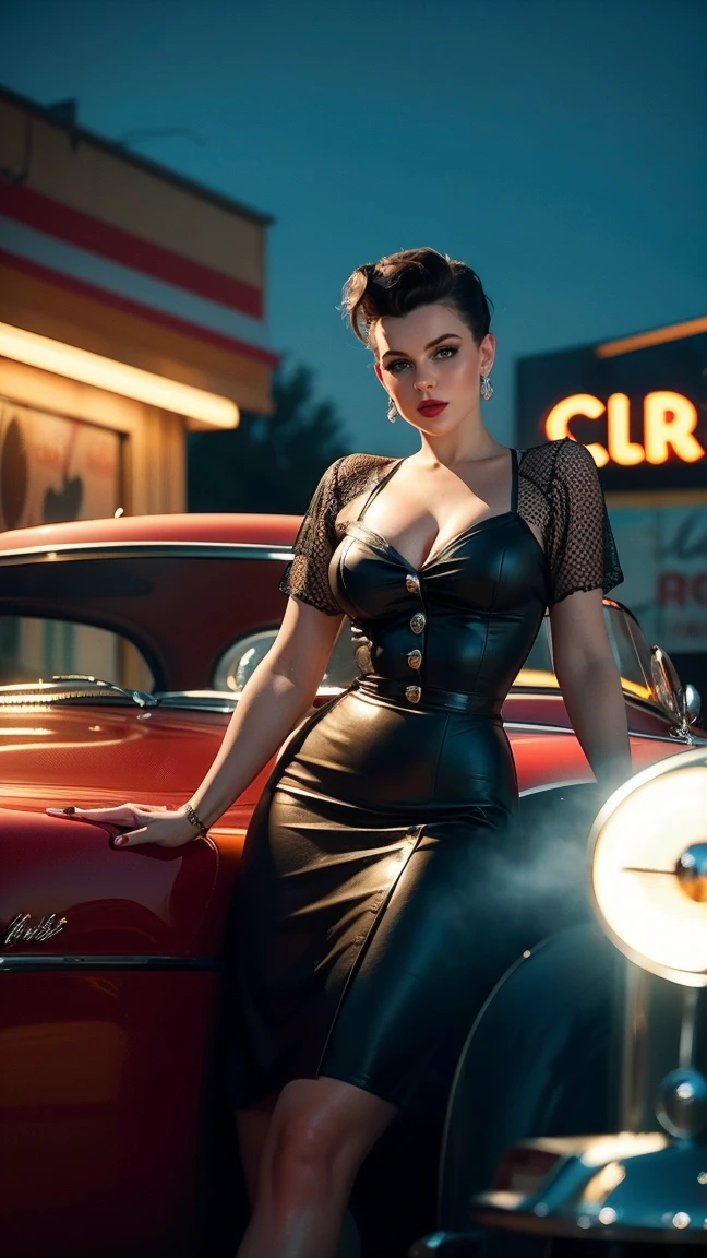a hyper-realistic photograph of a beautiful rockabilly pin-up model leaning against a hot rod car in the parking lot of a 1950s-style diner, with an interesting camera angle and perspective, volumetric lighting, Depth of field, professional photo session, cinematic lighting. details Intricate, lifelike textures, dynamic pose