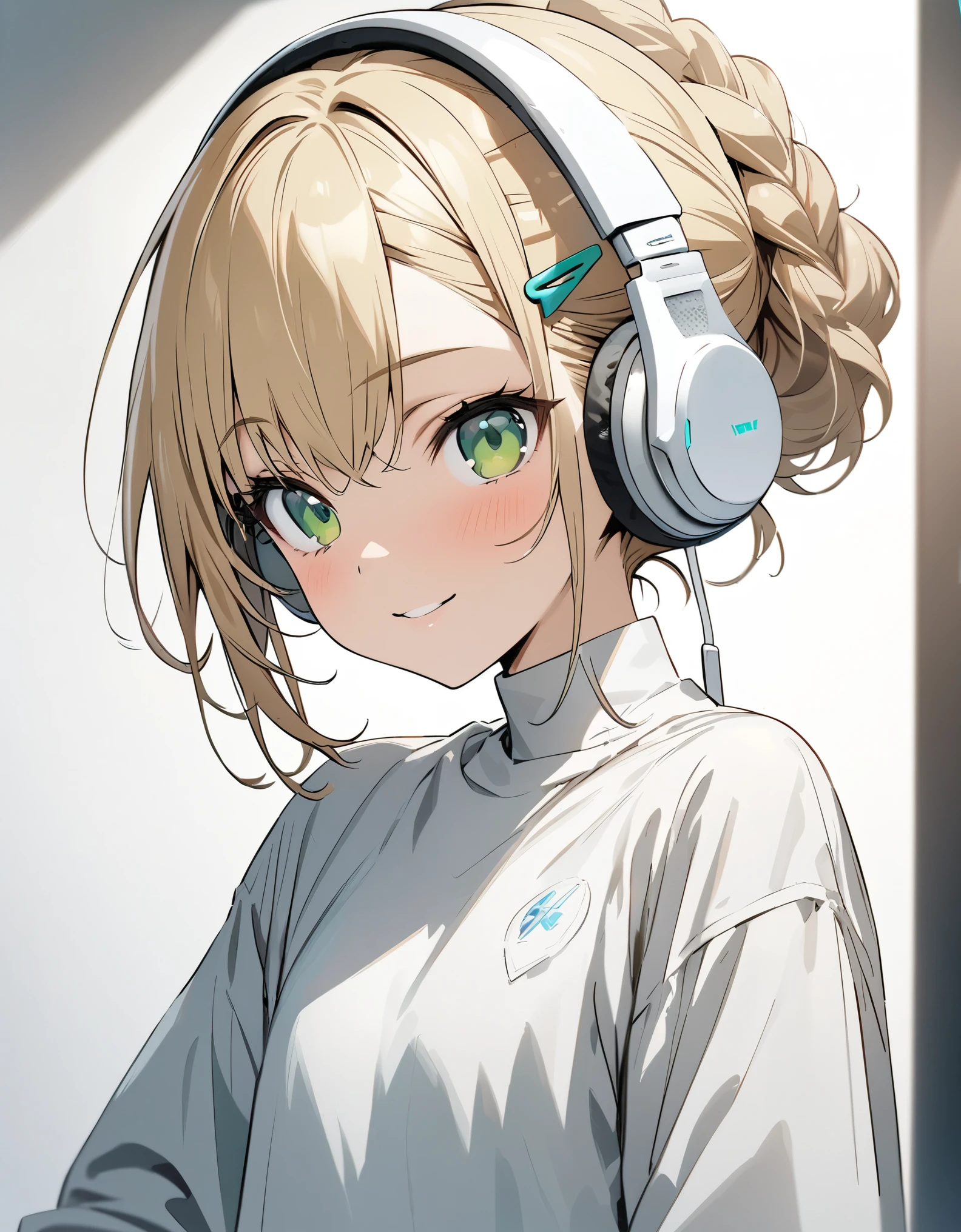 ((ultra-detailed))/one women, short blonde hair and bob hair.、beautiful green eyes、a braid, I tied my hair in a bun with a hair clip..、smile、gentle smile on her face、flat chest, one Beautiful girl,((masterpiece, illustration, best quality) ((ultra-detailed))/solid white background,blank background, while wearing wireless white headphones, full upper body