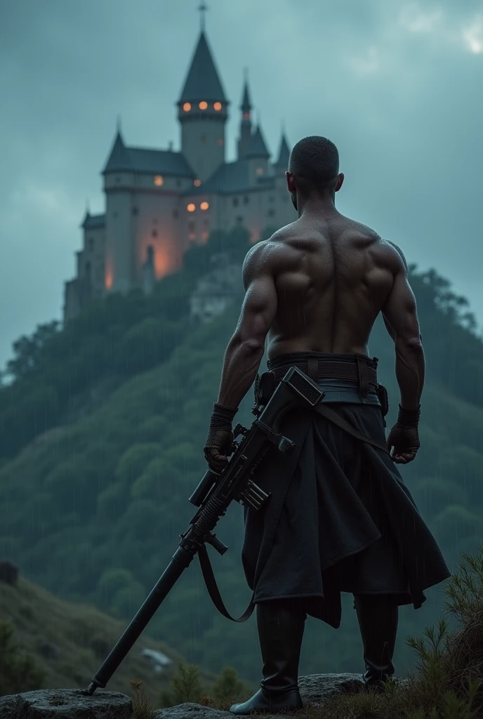 Shirtless muscular soldier standing holding his automatic weapon, He has no sword, looking at the huge castle on top of the hill, It's night and it's raining, that the photograph complies with the framing of the thirds