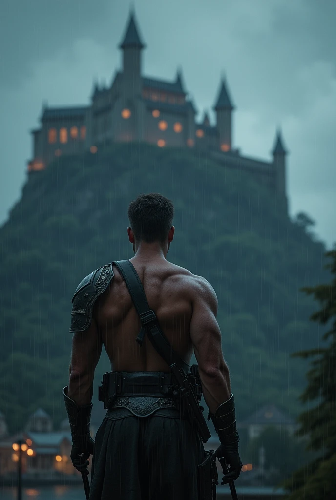 Shirtless muscular soldier standing holding his automatic weapon, He has no sword, looking at the huge castle on top of the hill, It&#39;s night and it&#39;s raining, that the photograph complies with the framing of the thirds