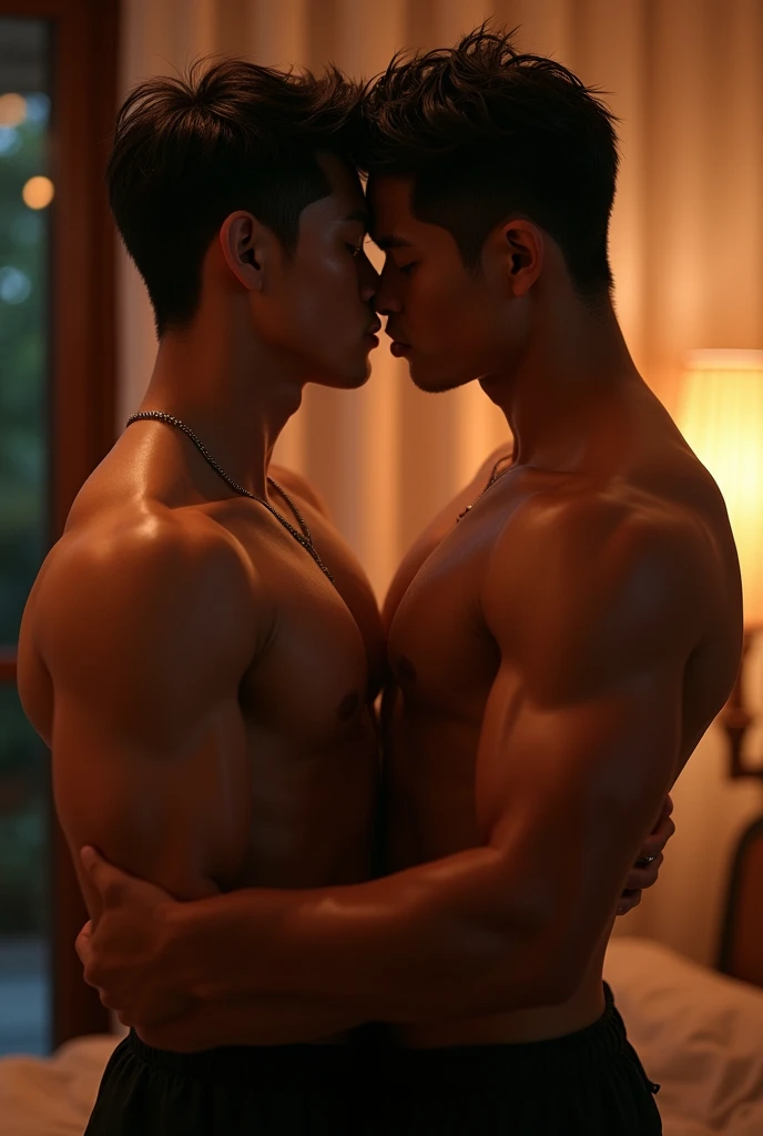 Handsome hot naked asian men kissing with big dick