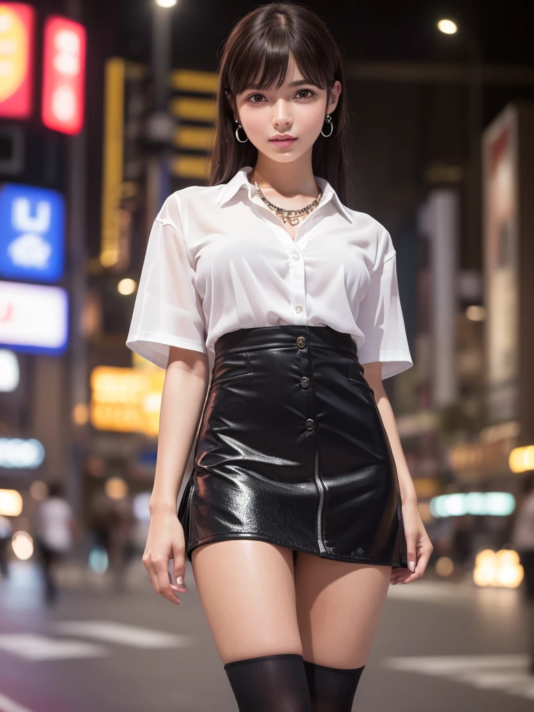 Product quality,1 girl,Cowboy Shot,Front view,Young and sexy Japanese girl,20-year-old,city(Crowded street:1.4),Fashionable white shirt,wear,Fashionable bags,Fashionable necklaces,Fashionable earrings,((Black Ultra Short Micro Mini Skirt:1.5)),wear,Very cute face,Glossy Lips,Double eyelids on both eyes,(Natural Makeup),shiny smooth light brown long hair,,,Asymmetrical bangs,Center image,8k resolution,Attention to detail,Detailed hairstyle,Detailed face,Cinema Lighting,Octane Rendering,Ultra-realistic,Perfect limbs,(Detailed fingers:1.5),Beautiful legs,Voluptuous thighs,Huge breasts,Perfect Anatomy,(Model pose:1.3)