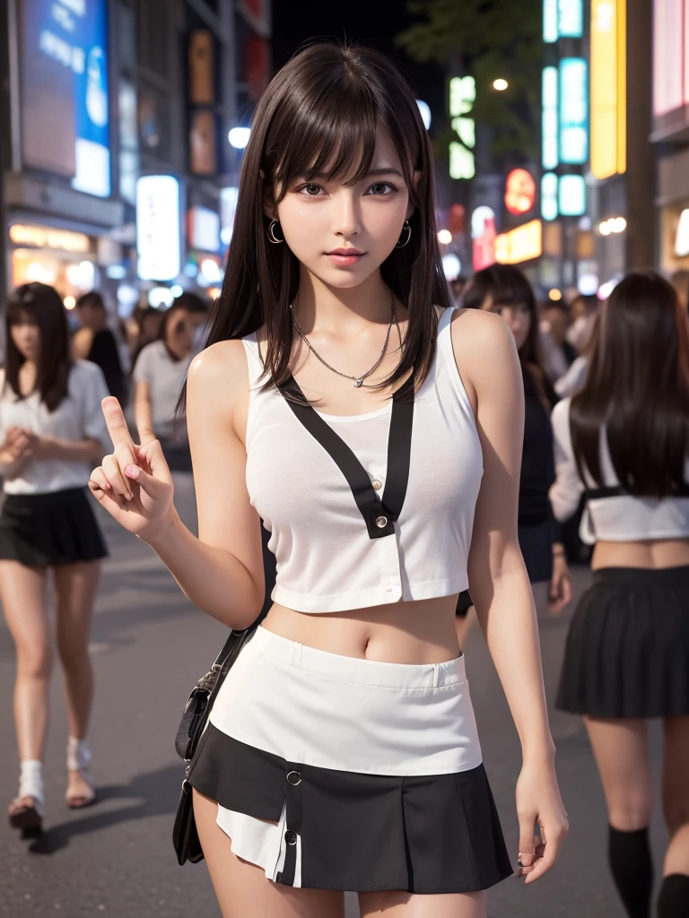 Product quality,1 girl,Cowboy Shot,Front view,Young and sexy Japanese girl,20-year-old,city(Crowded street:1.4),Fashionable white shirt,wear,Fashionable bags,Fashionable necklaces,Fashionable earrings,((Black Ultra Short Micro Mini Skirt:1.5)),wear,Very cute face,Glossy Lips,Double eyelids on both eyes,(Natural Makeup),shiny smooth light brown long hair,,,Asymmetrical bangs,Center image,8k resolution,Attention to detail,Detailed hairstyle,Detailed face,Cinema Lighting,Octane Rendering,Ultra-realistic,Perfect limbs,(Detailed fingers:1.5),Beautiful legs,Voluptuous thighs,Huge breasts,Perfect Anatomy,(Model pose:1.3)