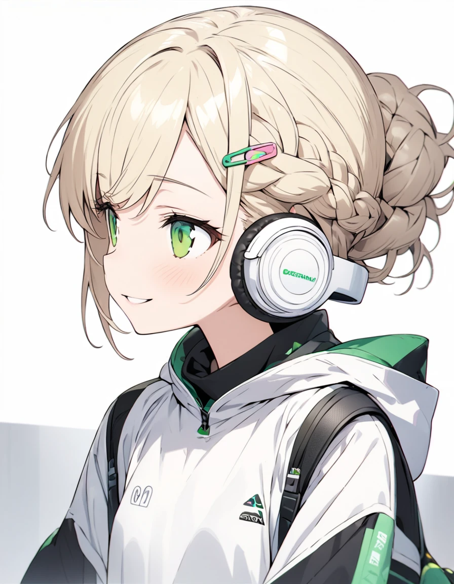 ((ultra-detailed))/one women, short blonde hair and bob hair.、beautiful green eyes、a braid, I tied my hair in a bun with a hair clip..、smile、gentle smile on her face、flat chest, one Beautiful girl,((masterpiece, illustration, best quality) ((ultra-detailed))/solid white background,blank background, while wearing wireless white headphones, full upper body