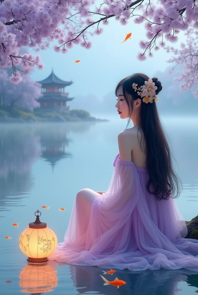 {
"prompt": "An ethereal scene with a young woman sitting by a tranquil lake. She wears a flowing gown of sheer, pastel lavender and pink fabrics. Her long dark hair is adorned with delicate gold hair ornaments shaped like flowers. In the misty background, a distant pagoda-style structure is visible. Small orange and goldfish swim in the clear reflective water. Overhead, branches with purple and lavender leaves add a whimsical touch. A glowing lantern with floral patterns rests by her side in the water, casting a warm, soft light. The setting blends traditional Asian art with fantasy elements, emphasizing tranquility and otherworldly beauty.",
"size": "1024x1792"
}