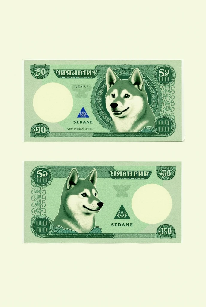 green money note called shiba inu. rectangular, with the drawing of a shiba dog's head in a circle in the middle to the right corner, three wavy lines from the top to the bottom of the note, in the middle of the first and last closure of these lines several small blue triangles. the value of the note is in the lower right and upper left corners, sendo $ 100, Furthermore, in the lower left corner there is a triangle with another triangle inside with the word shiba written on it and the dollar sign in a circle..