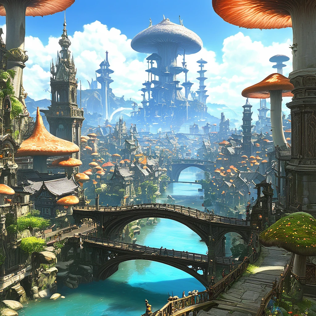 (masterpiece:1.2), extremely intricate details, ff14style, dynamic painting, depicting a bustling city with a majestic bridge spanning wide rivers, surrounded by towering giant mushrooms. The vast landscape bursts with vivid colors