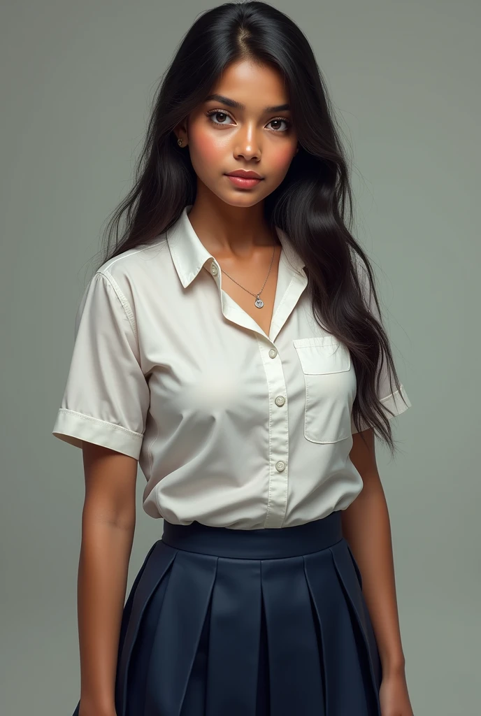 Indian Beautiful girl in school dress very large chest size, very fair or white age is realistic