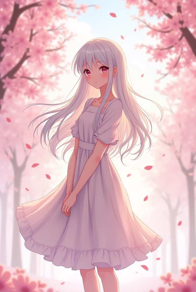 Pure character, Sakura image, Girl, Anime-like, Little sister feeling, Front, Long hair, White hair, Full body, Less exposed, Lady, Sakura, Beautiful