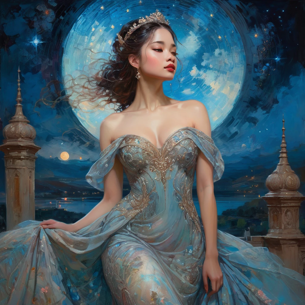 a solo beautiful princess, elegant, detailed, pretty, (rubenesque), (romanesque background), (night sky), elegant detailed dress, (art by dgtlv2 and henry asencio and zeen chin and josephine wall and edwin deakin), (masterpiece), (good anatomy),