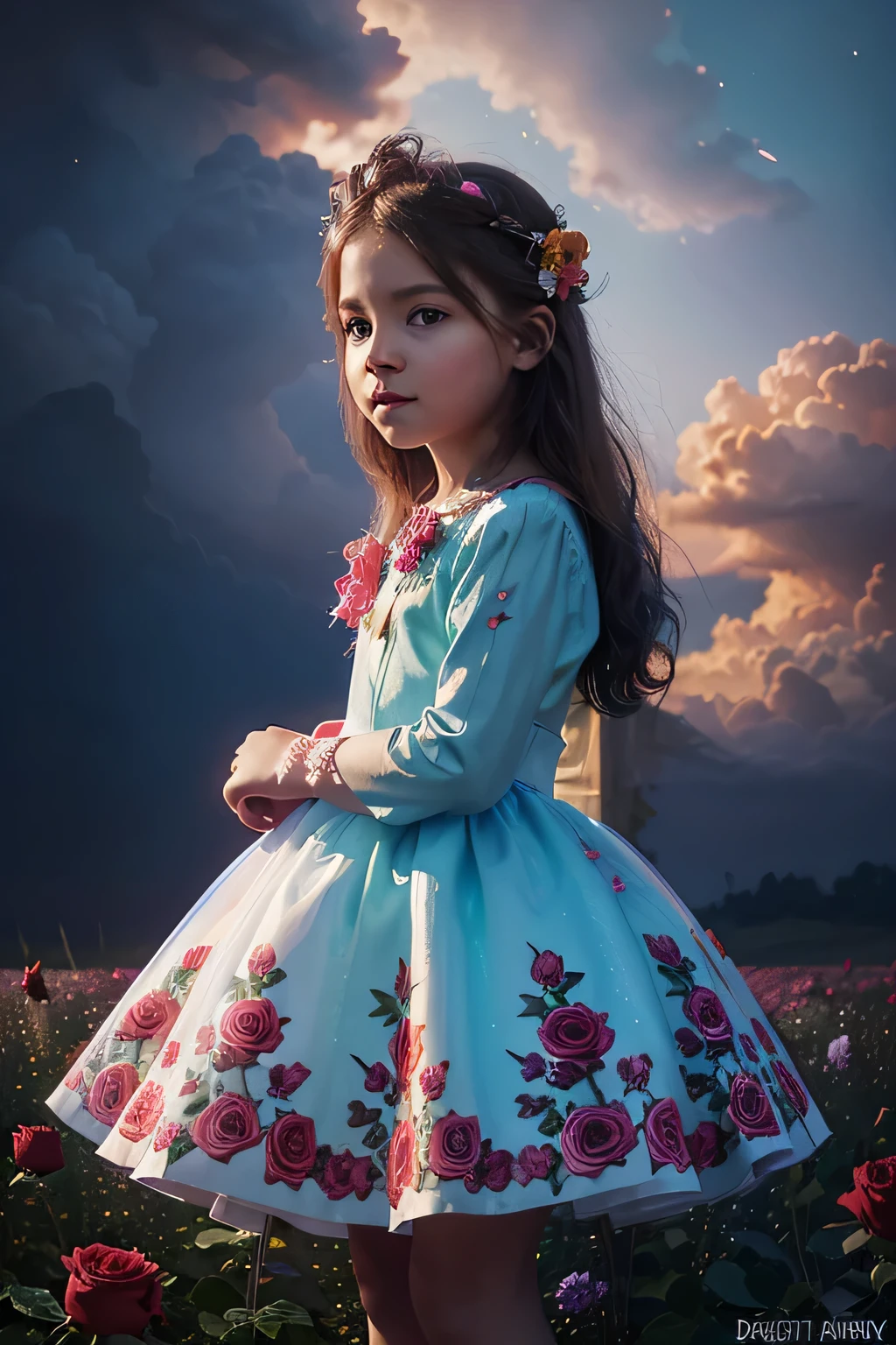 Red roses flowers, on the cloudy sky, with a colorful dress, digital art fantasy, fantasy painterly style, colorful digital fantasy art, glowing lights! digital painting, kid with glowing flowers dress, digital art fantasy art, light effect. modern fantasy, dreamlike digital painting, fantasy digital art, fantasy digital painting, beautiful digital artwork