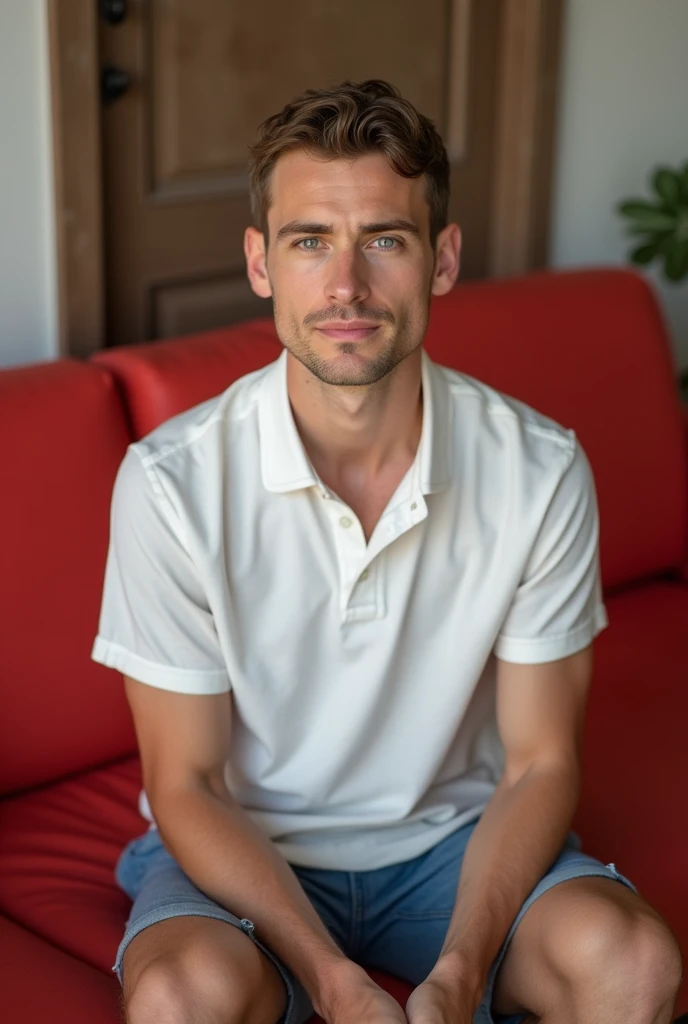 makes image of a thin white man, at 33 years old, with short hair,  clear eyes, white  shirt, blue shorts, sitting on a red sofa

