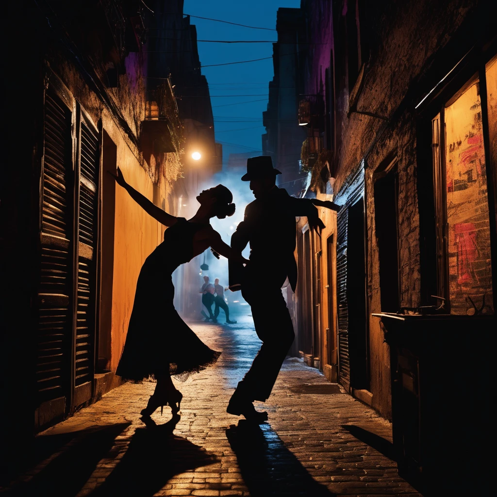 An atmospheric urban scene at night featuring a tango dance in a narrow alley, illuminated by flickering neon lights. The setting is filled with the sound of an accordion and the pulse of drums, creating a passionate and intense atmosphere. Dancers are silhouetted against the neon glow, their movements dramatic and full of emotion. The environment captures the gritty romance of the city, reflecting the struggle and beauty of urban life through the art of dance, surrounded by echoes of music and the shadows of the night