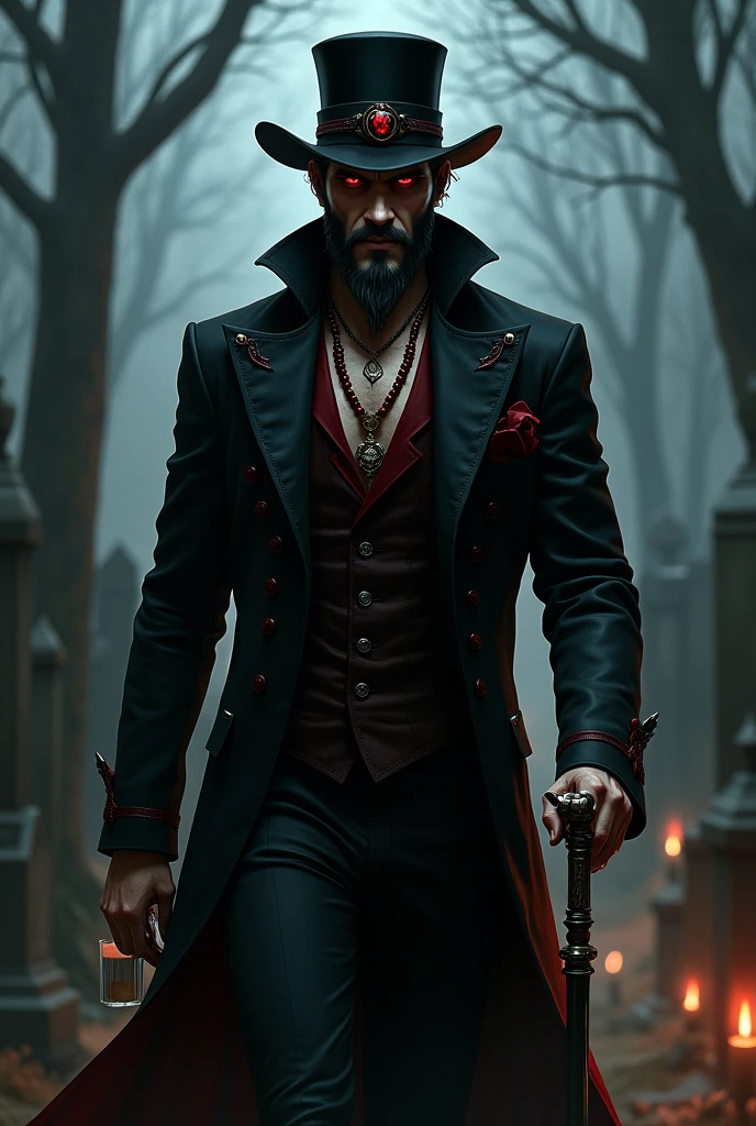 Beautiful man, evil smile, barba, black guys, layer negra detalles en rojo, comment, lit and melted candles, red and black necklace, dark, whiskey glass, layer, smiling, stuffed body, walking through the cemetery, Cigarettes, in it, black guys, walking stick, necklace with red and black beads , evening, macabre laughter, Antique black hat with red details, whisky y Cigarettes , evening, 