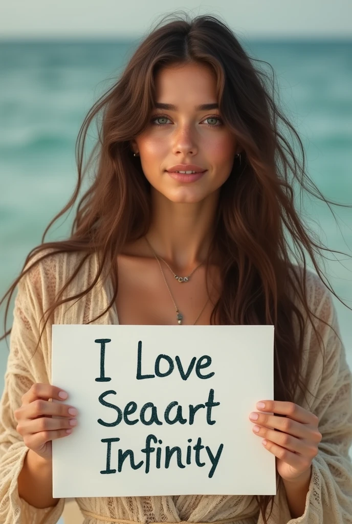 Beautiful girl with wavy long hair, bohemian dress, holding a white board with text "I Love Seaart Infinity" and showing it to the viewer