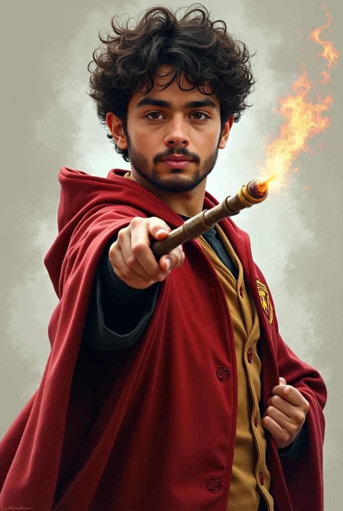 Generate an image of a young Latino, short dark curly hair and short full beard, wearing a Gryffindor uniform and holding a magic wand.