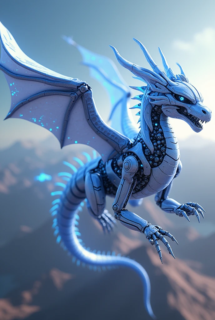 A blue and white robotic dragon 
