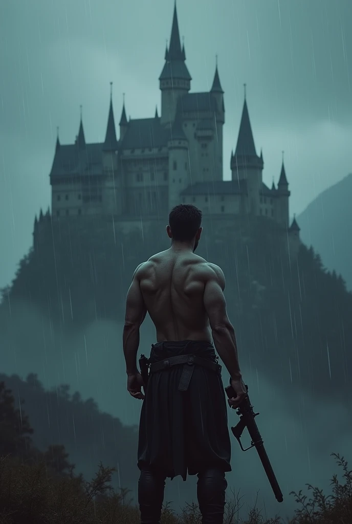 Shirtless muscular soldier standing holding his automatic weapon, He has no sword, looking at the huge castle on top of the hill, It&#39;s night and it&#39;s raining hard, that the photograph complies with the framing of the thirds, that has dark fantasy style 