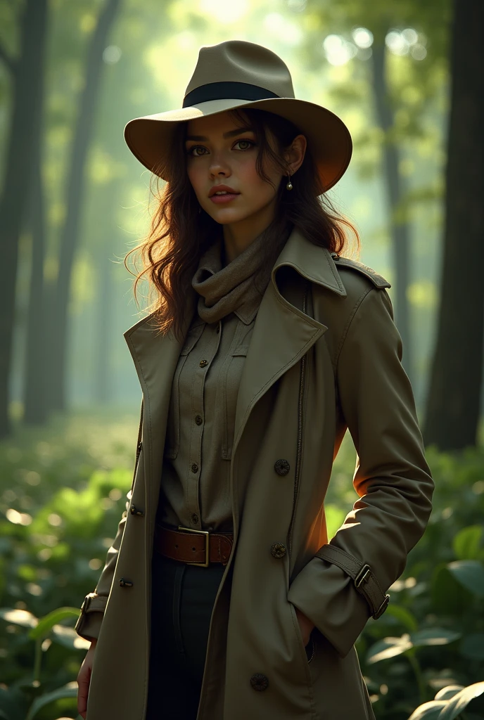 A cute white woman with brown hair, in detective clothes in the middle of a forest 