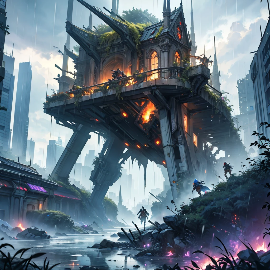 Fragments falling from the sky to a city cloudy sky impacts of alien fragments invasion, Frontline elves in combat spectacular view, great high quality artwork battle zone beast women with guns shooting, small capsules impacting the planet on a rainy day