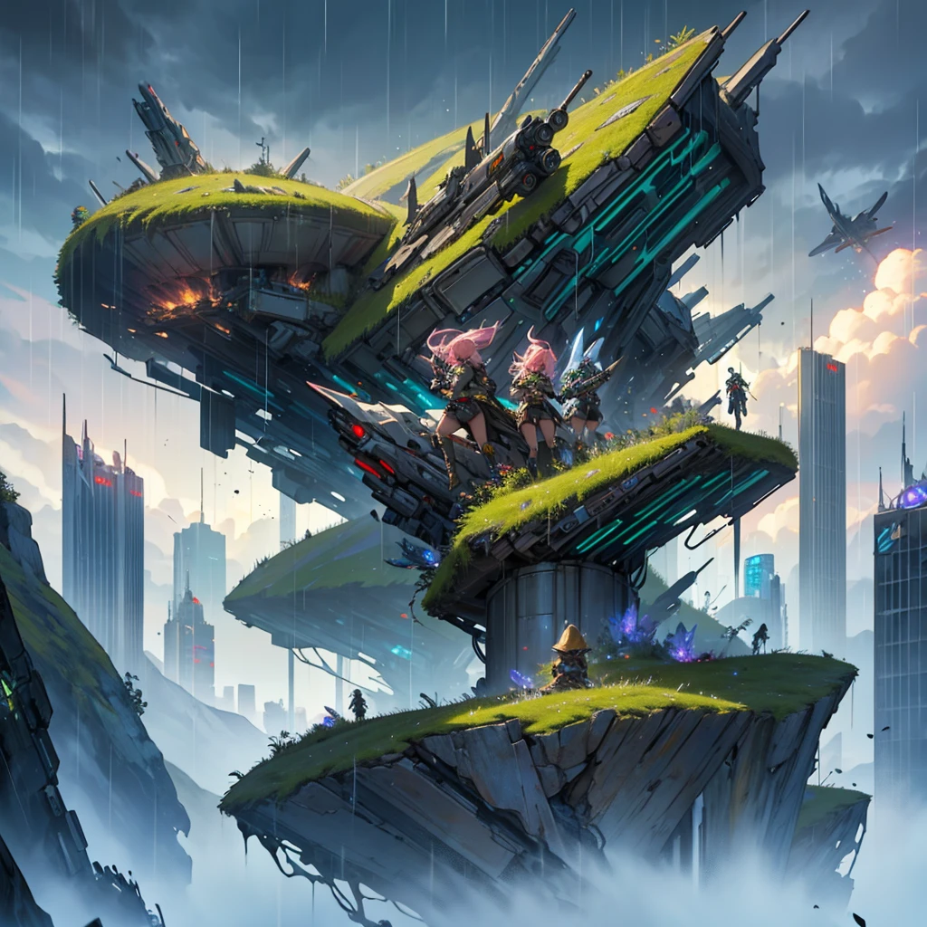 Fragments falling from the sky to a city cloudy sky impacts of alien fragments invasion, Frontline elves in combat spectacular view, great high quality artwork battle zone beast women with guns shooting, small capsules impacting the planet on a rainy day