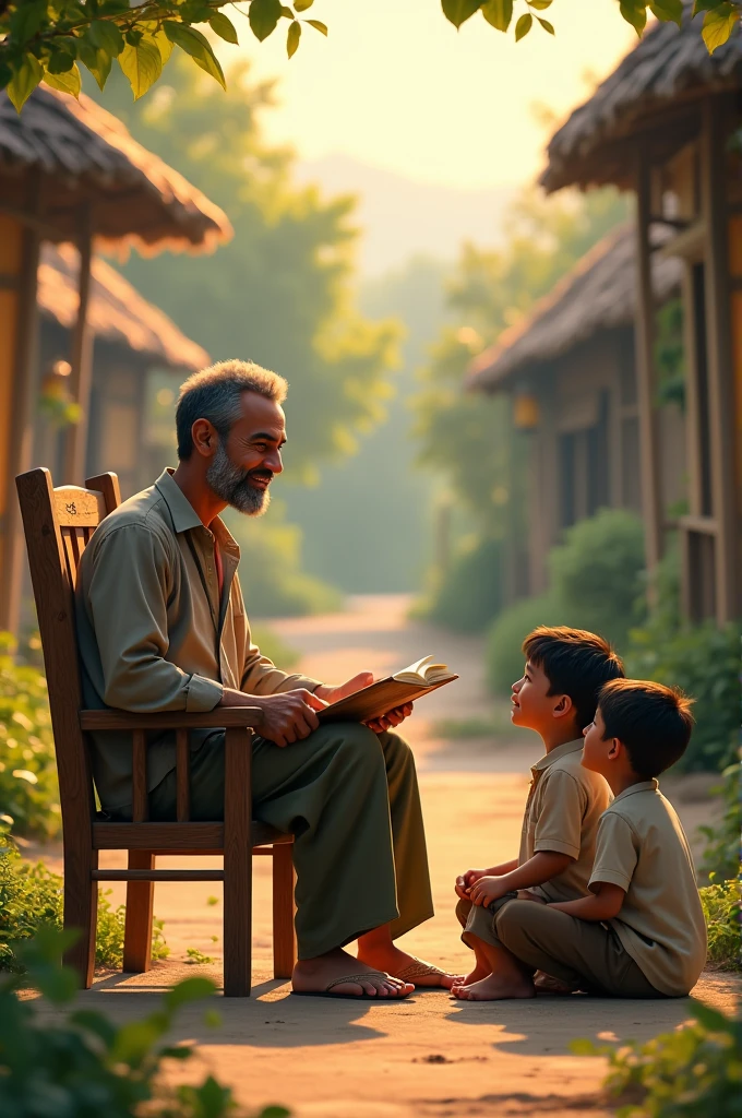 A dad is sitting on a chair and teach to two boys in village 