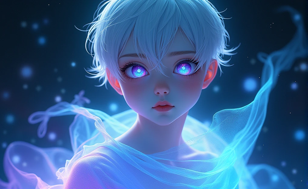 This image portrays an enchanting young man character with a striking, ethereal appearance. The character has pale, almost porcelain-like skin and short, white hair that is slightly tousled. Their eyes are vibrant, with a shimmering quality that reflects a spectrum of blues and purples, giving them a mystical, otherworldly gaze. The character is draped in a translucent, flowing material that glows with shades of blue, purple, and aqua, reminiscent of the night sky or a galaxy. This material wraps around them, enhancing their celestial and enigmatic aura. The background also contributes to this theme, with a deep, cosmic ambiance filled with subtle, star-like patterns and light trails, which blend seamlessly with the character's attire. Overall, the image exudes a cool, serene, and magical atmosphere, with the character embodying a celestial or astral being, seemingly beyond the mortal realm. The interplay of light, color, and texture adds depth to the image, making it visually captivating and evocative of a dreamlike world.