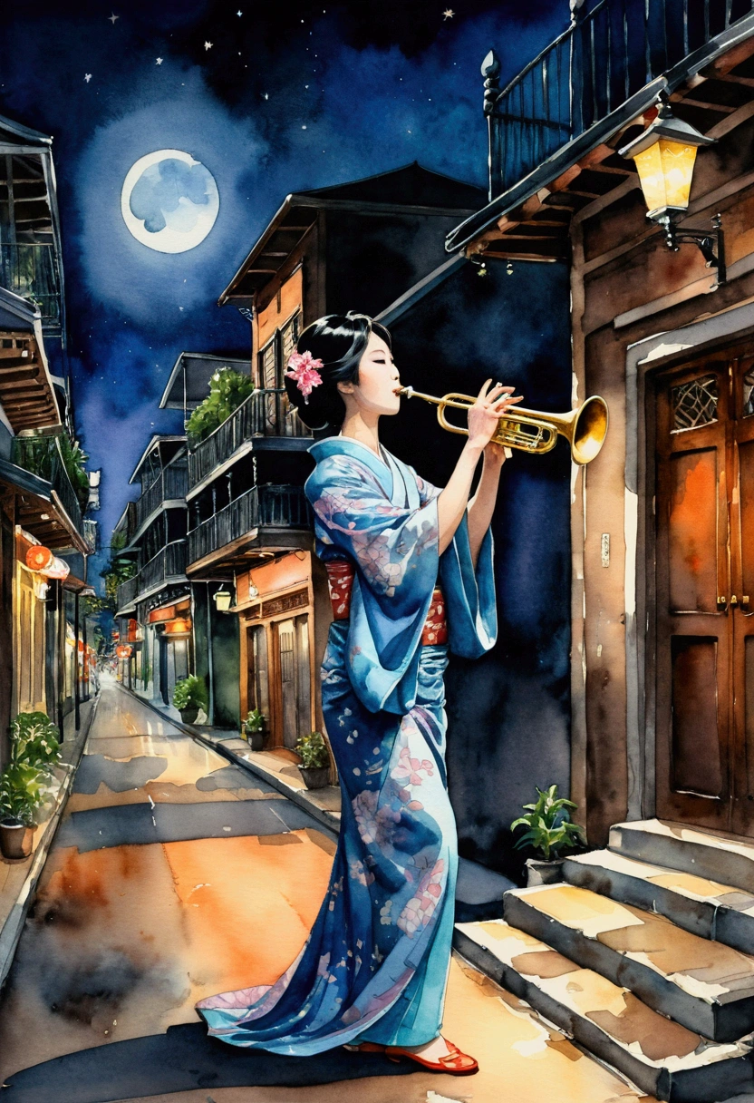 New Orleans, Louisiana, USA A very beautiful Japanese woman in a kimono is playing a trumpet alone on a dark antique street at night in the American South Painterly Watercolor art Ink illustrations
