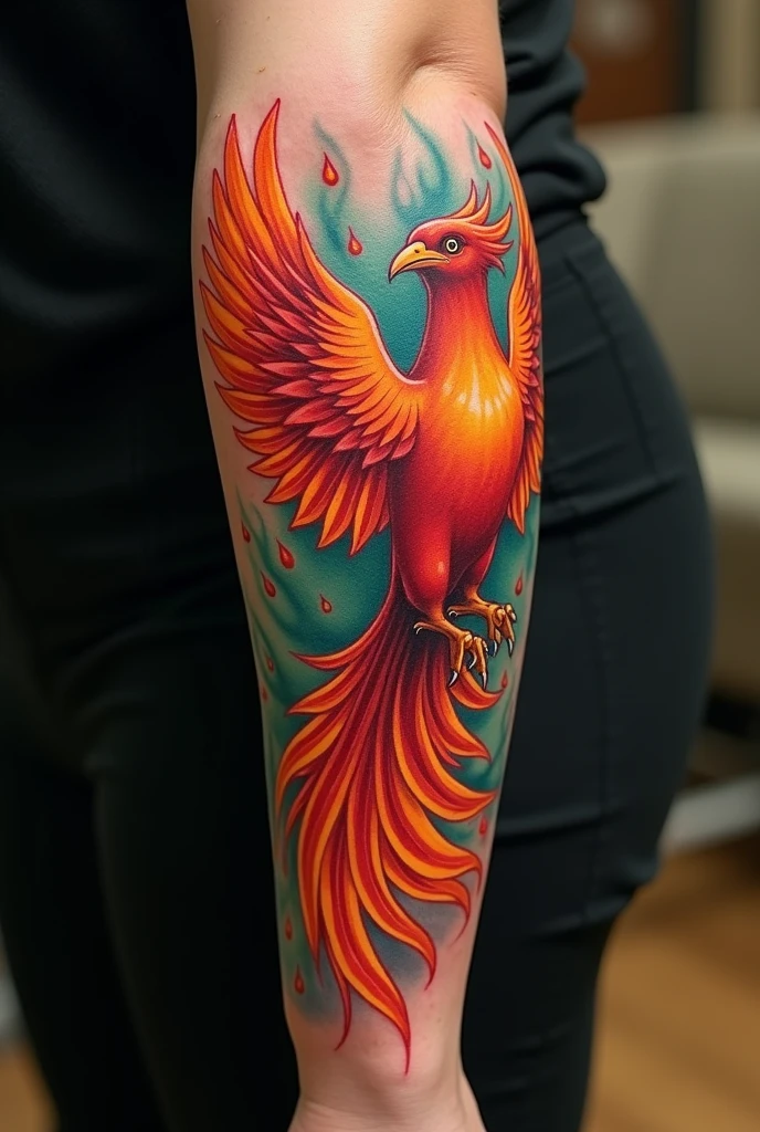 A realistic phoenix bird tattoo for arm sleeve with red orange and yellow colors, with faint green or blue sparks of flame or fire for background decoration, preferably the entire body of the bird can be seen