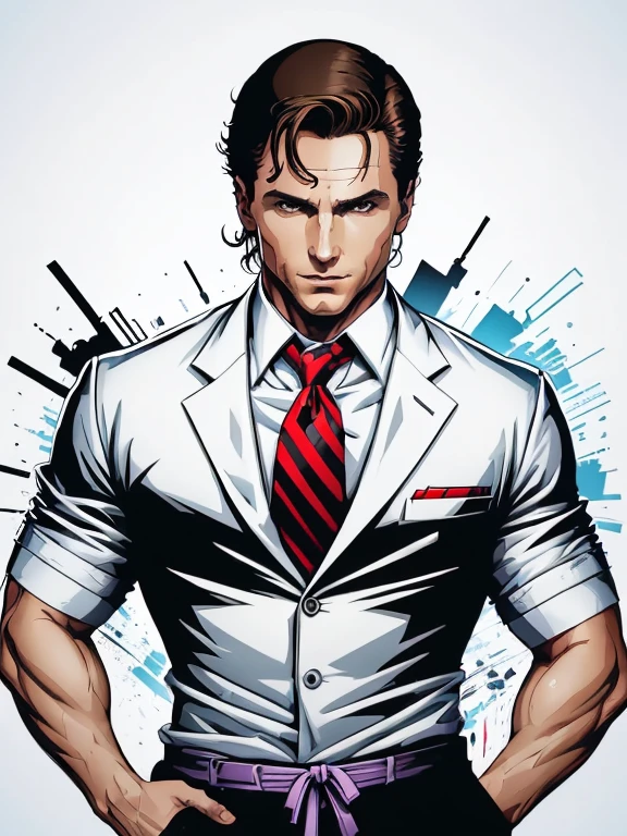 White t-shirt design,Patrick Bateman, in American Psycho (1999) white background, vector, sticker art,Christian Bale.creepy smile.dynamic pose.looking at viewer,open eyes open bulging.