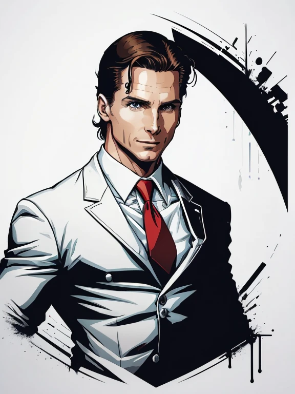 White t-shirt design,Patrick Bateman, in American Psycho (1999) white background, vector, sticker art,Christian Bale.creepy smile.dynamic pose.looking at viewer,open eyes open bulging.