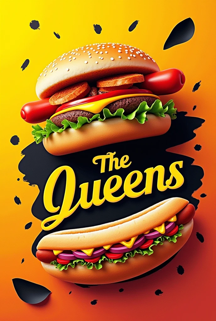 I want a hot dog and hamburger sales design with yellow colors, orange and more black for a banner and to bear the name the Queens , add it as a menu