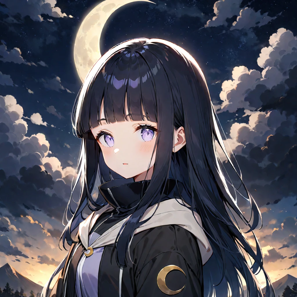 1girl, solo, long hair, moon, black hair, hyuuga hinata, bangs, looking at viewer, sky, cloud, high collar, upper body, night, long sleeves, blunt bangs, straight hair, black coat, parted lips, crescent moon, konohagakure symbol, outdoors, cloudy sky, shiny hair, night sky, jacket, coat, ((medium quality)), ((medium quality))